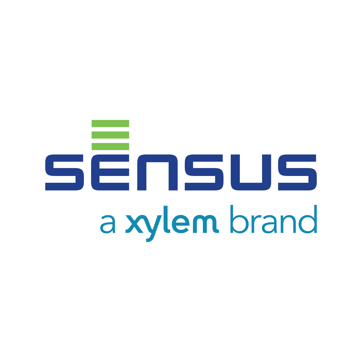 Logo of Sensus, a xylem brand, written in shades of blue with three green horizontal lines above the "e" in Sensus